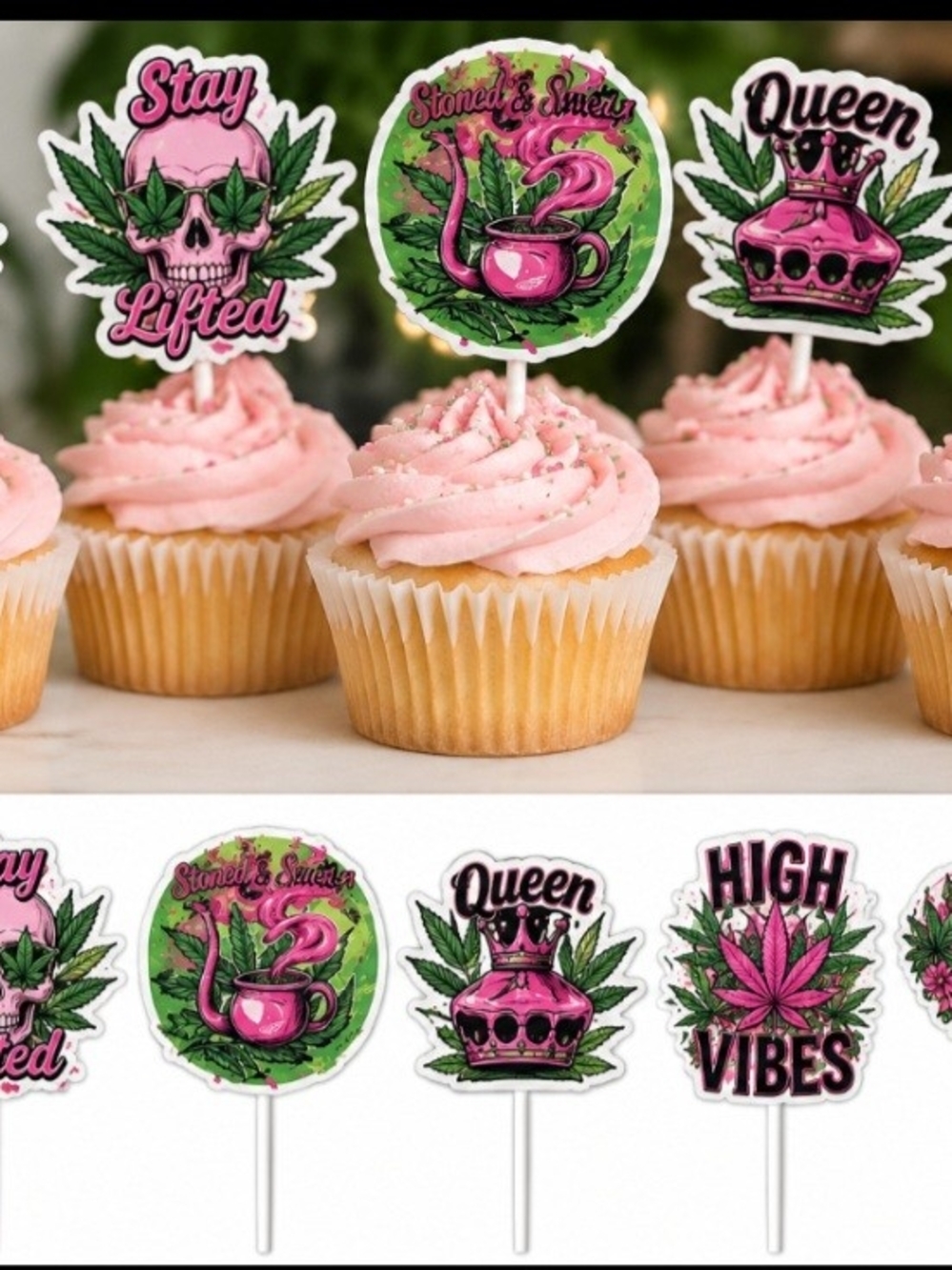 Amazon Pink & Green Cannabis Cupcake Toppers - Set of 6